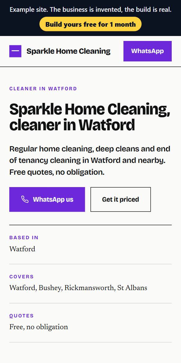 Phone view of an example cleaner website: Sparkle Home Cleaning in Watford, with WhatsApp and quote buttons