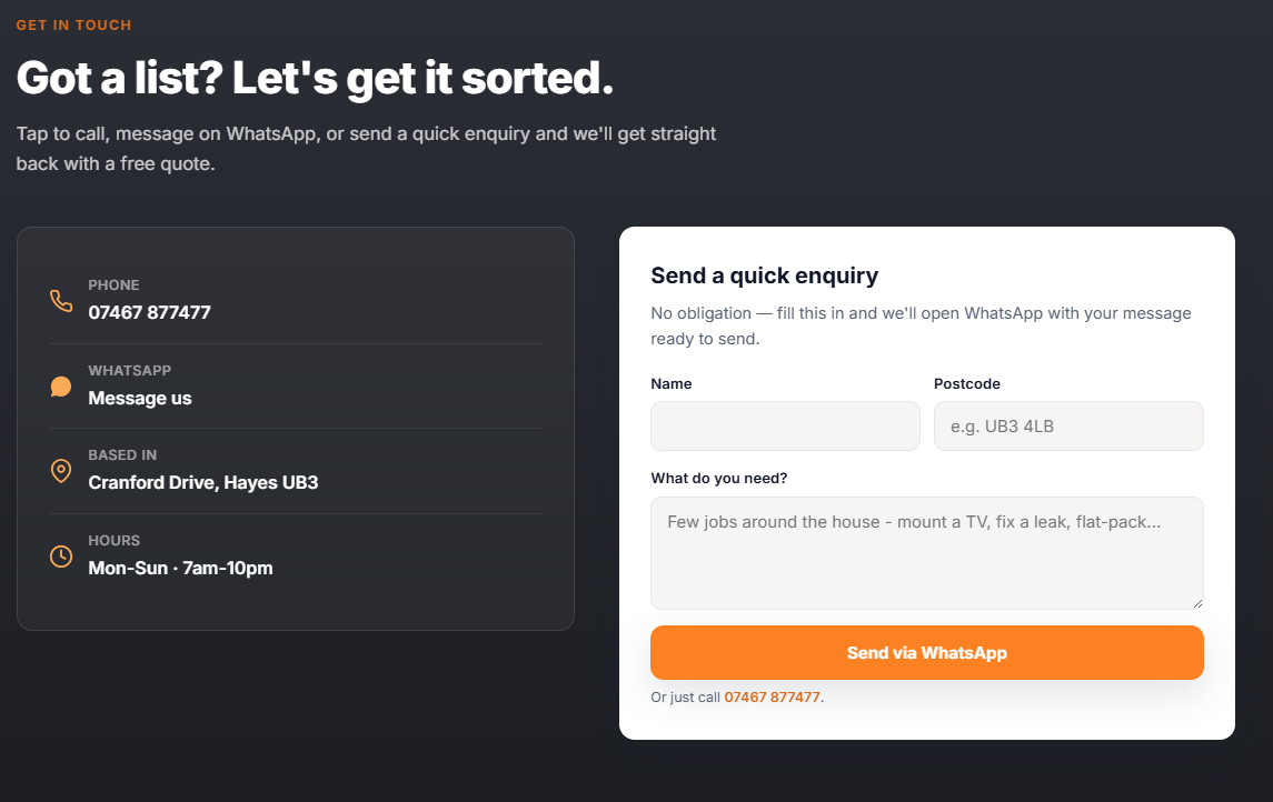 Example builder website — contact section with a WhatsApp enquiry form and service area