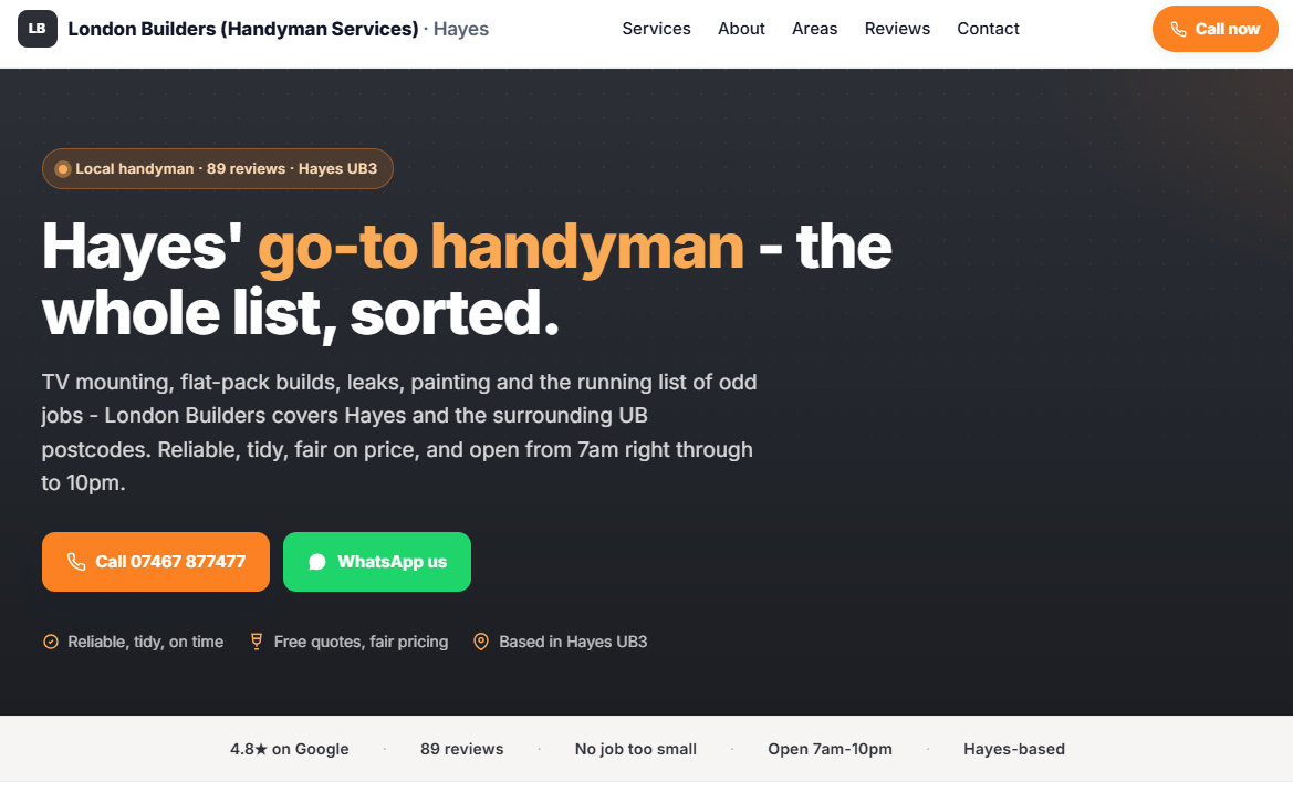 Example builder website design — homepage hero for a Hayes builder and handyman service