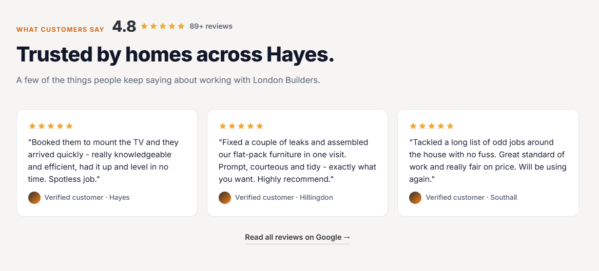 Example builder website — five-star customer reviews section