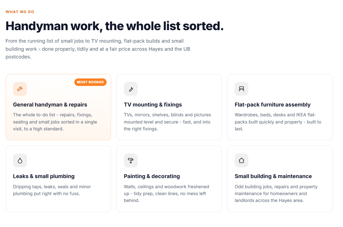 Example builder website — services section covering building work, repairs and handyman jobs