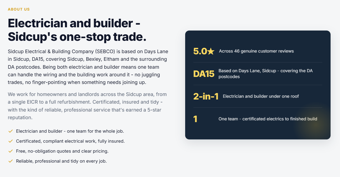 Example electrician website — about section for a certificated, insured electrician and builder