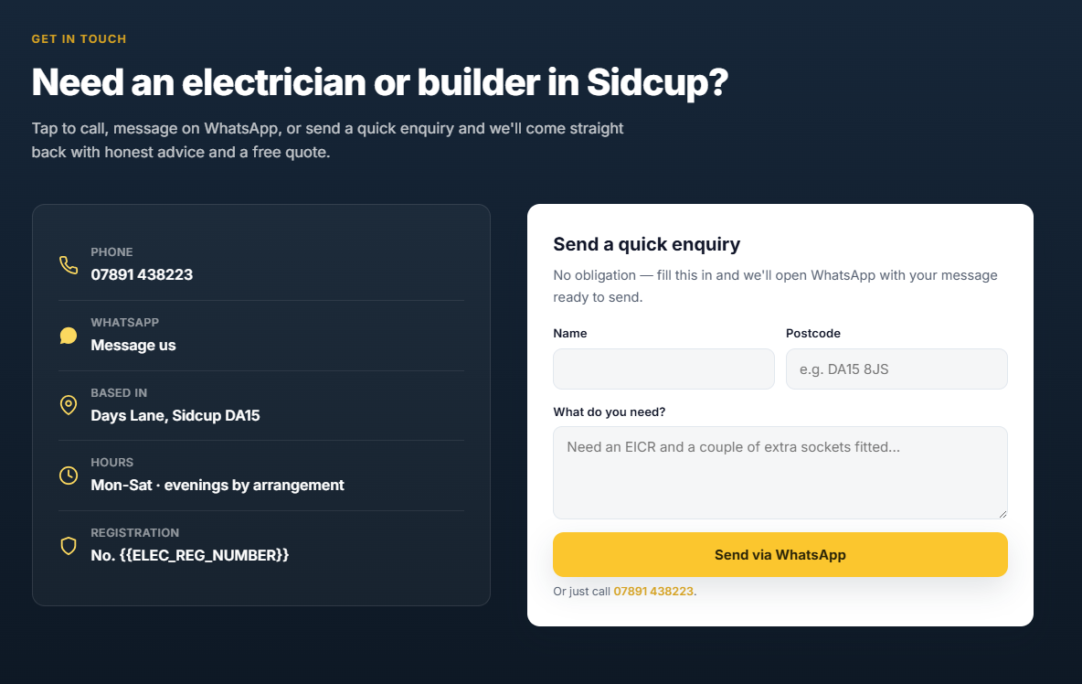 Example electrician website — contact section with a WhatsApp enquiry form and service area