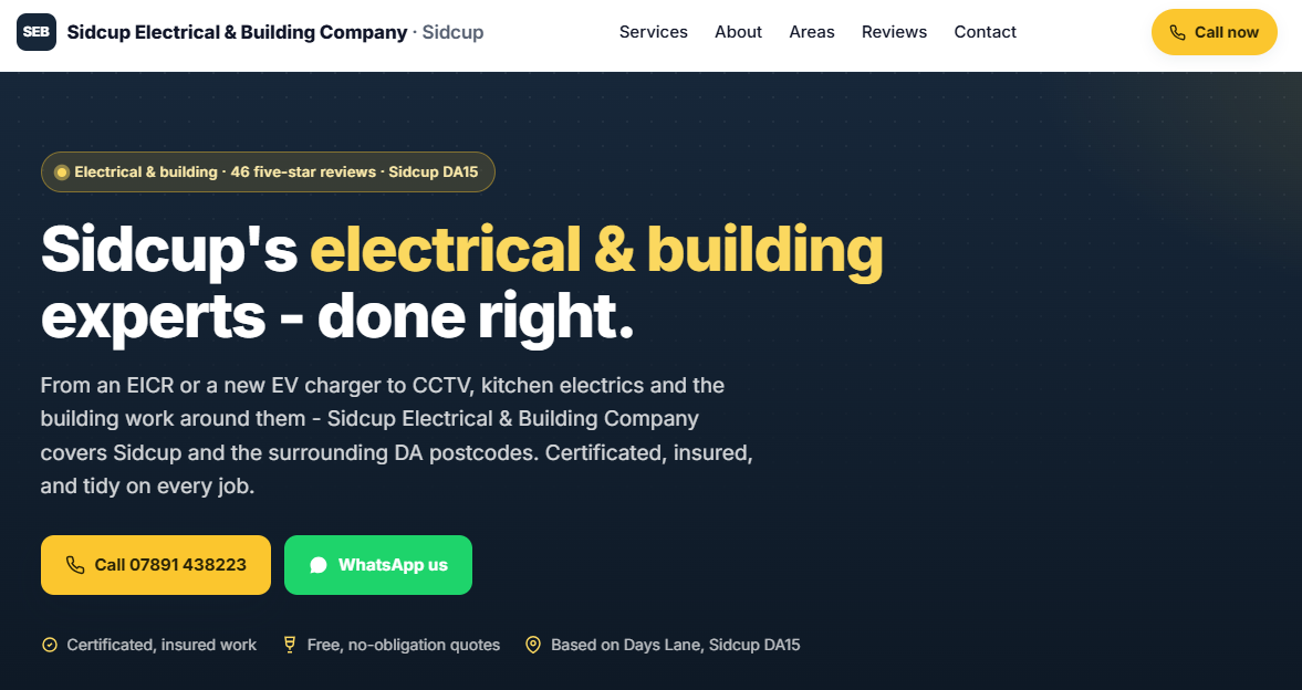 Example electrician website design — homepage hero for a Sidcup electrical and building company