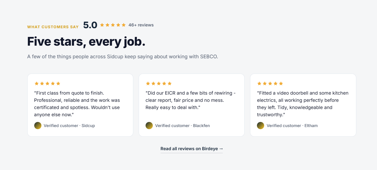Example electrician website — five-star customer reviews section