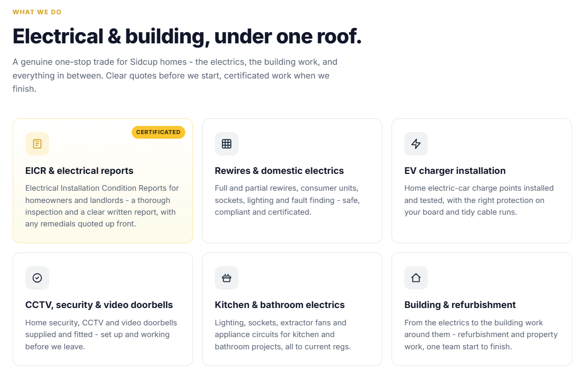 Example electrician website — services section listing EICRs, rewires, EV charger installation and CCTV