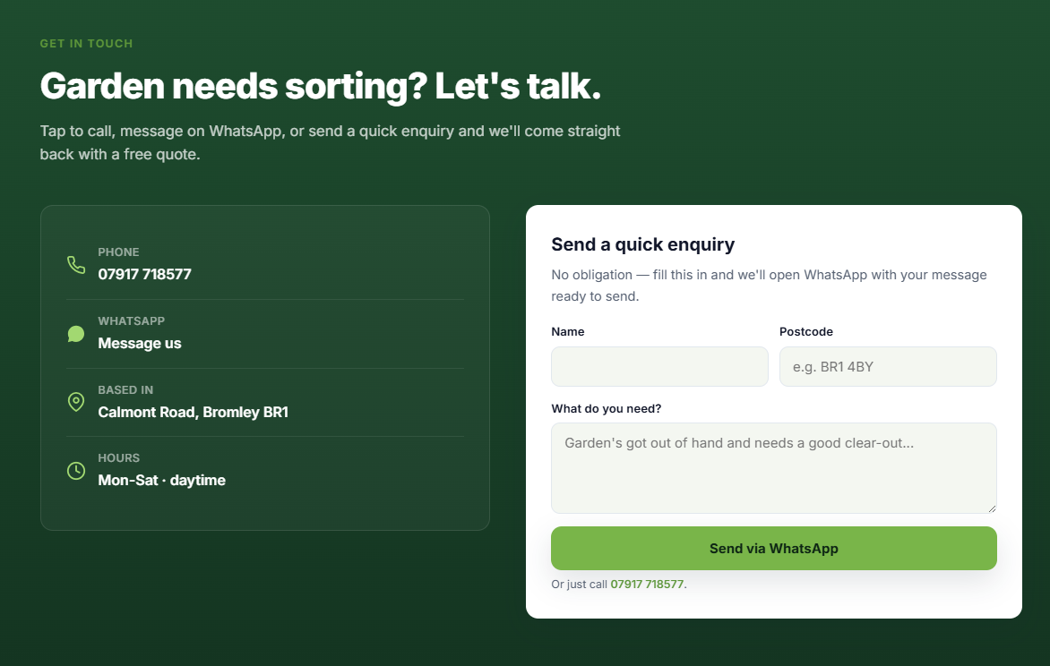 Example gardener website — contact section with a WhatsApp enquiry form and service area