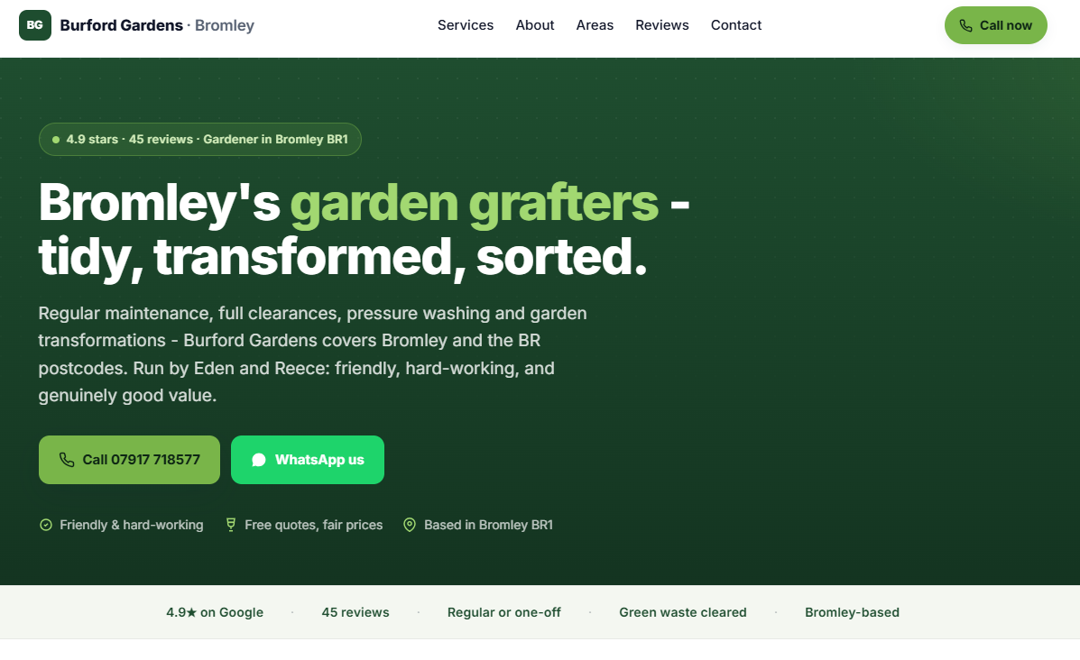Example gardener website design — homepage hero for a Bromley garden maintenance service