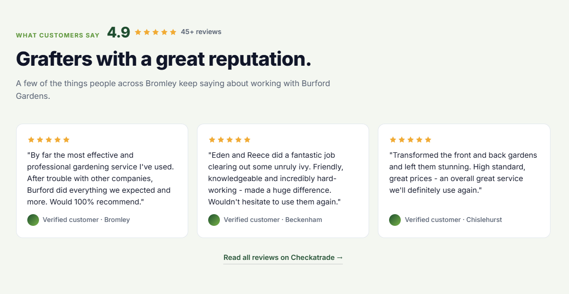 Example gardener website — five-star customer reviews section