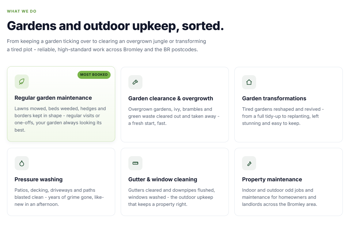 Example gardener website — services section covering maintenance, clearances and garden transformations