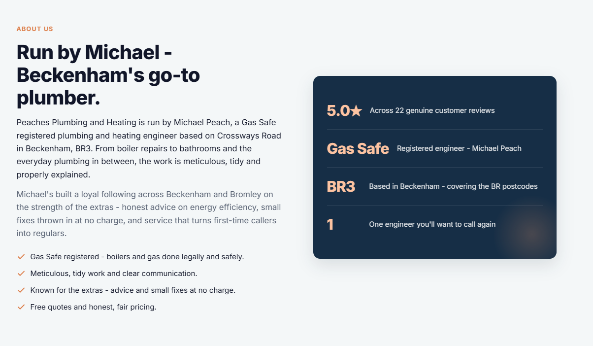 Example plumber website — about section introducing the Gas Safe registered plumber and trust signals