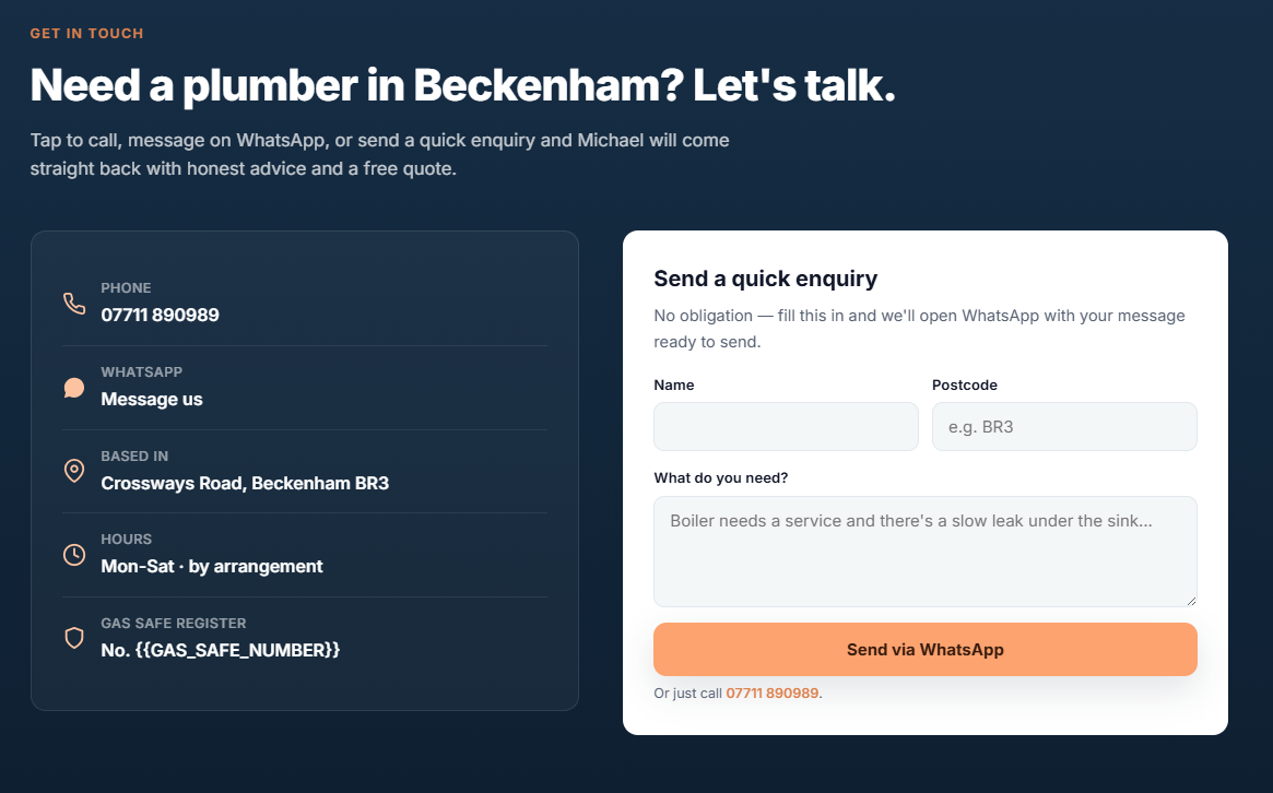 Example plumber website — contact section with a WhatsApp enquiry form and service area