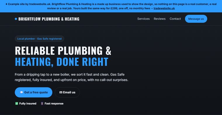 A one page trade website for a plumber, showing the business name, a call button, the services offered and the towns covered