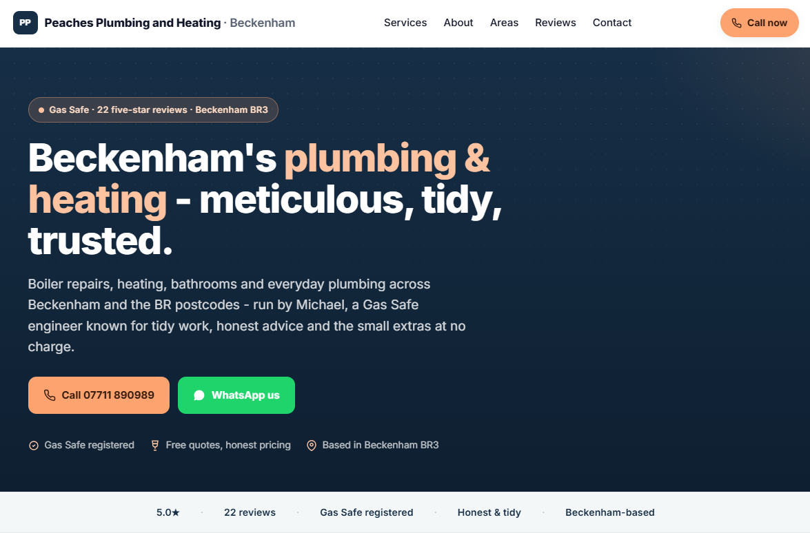 Example plumber website design — homepage hero section for a Beckenham Gas Safe plumber