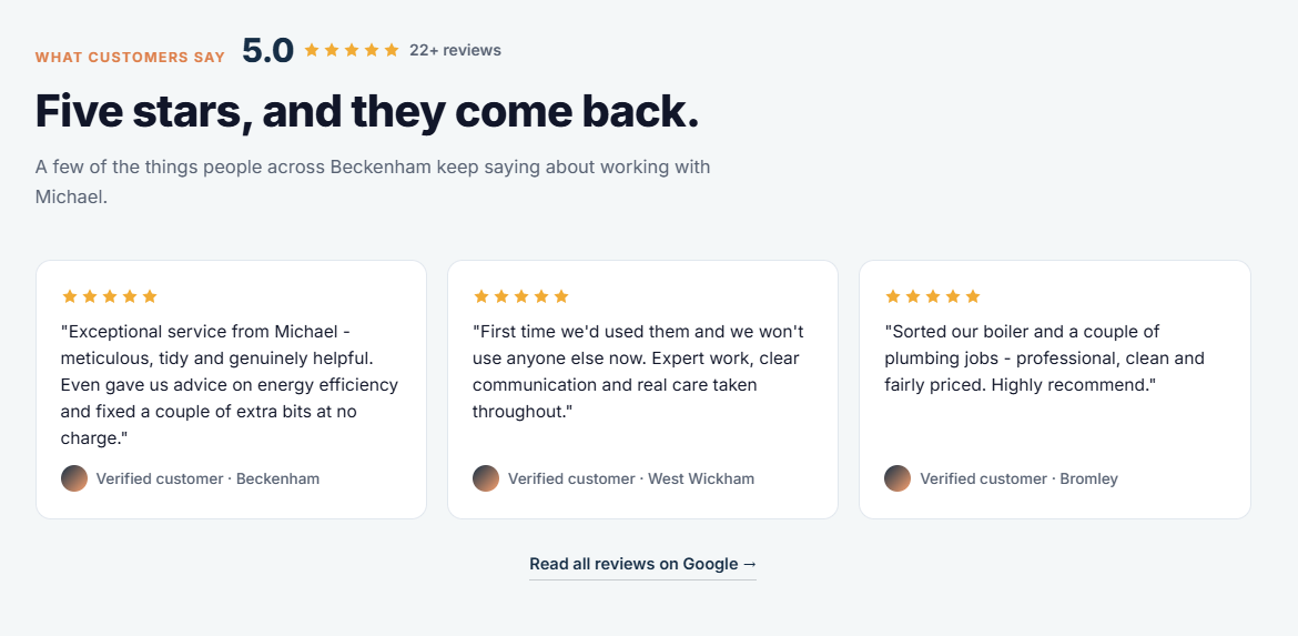 Example plumber website — customer reviews section with five-star testimonials from local customers