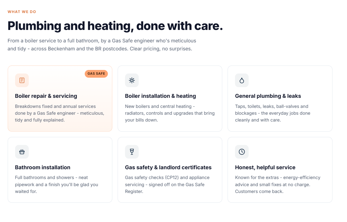 Example plumber website — services section listing boiler repair, boiler installation, heating and bathroom fitting