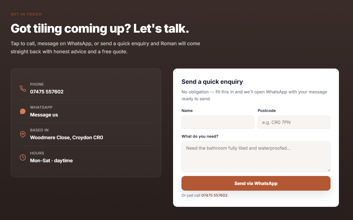 Example trade website — contact section with a WhatsApp enquiry form and service area