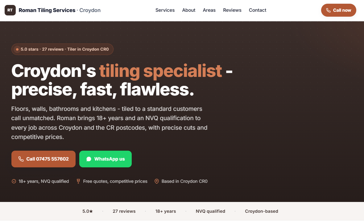 Example trade website design — homepage hero for a Croydon tiling specialist