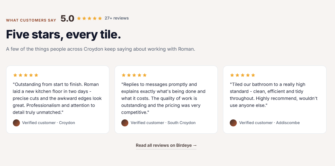 Example trade website — five-star customer reviews section