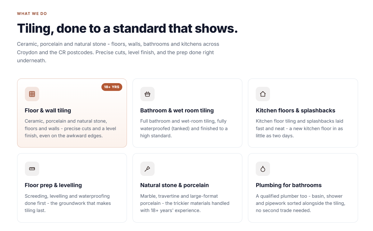 Example trade website — services section covering floor, wall and bathroom tiling