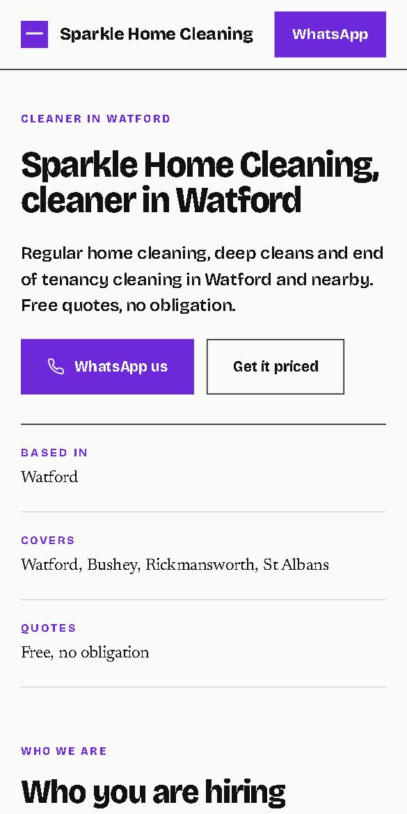 Example cleaning business website in the Plumb design with a purple colour