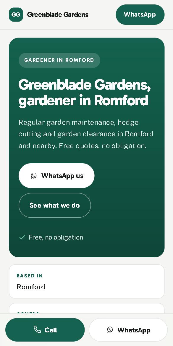 Example gardener website in the friendly Round design, with a WhatsApp button