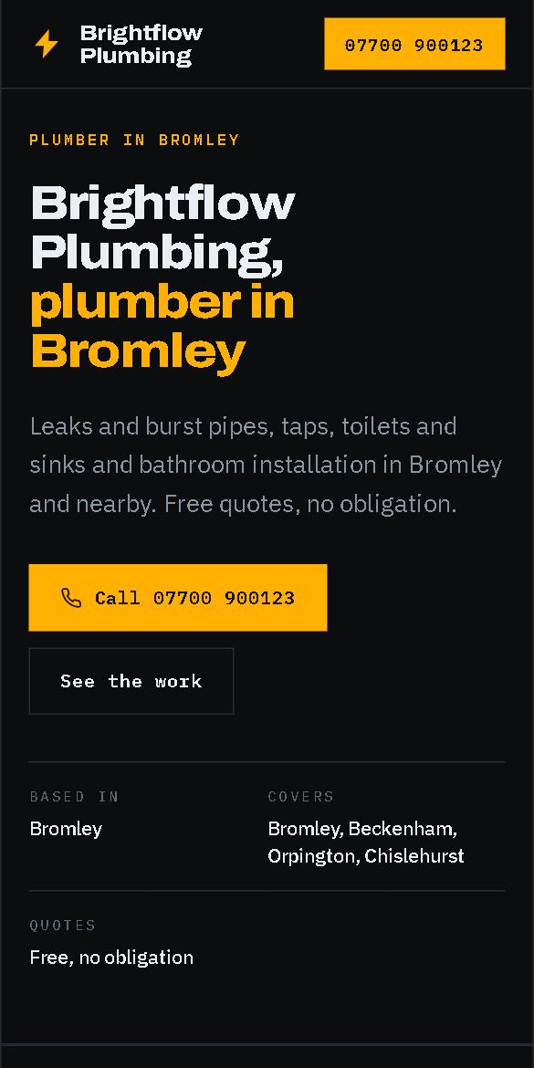 Example plumber website in the dark Signal design, with a big call button