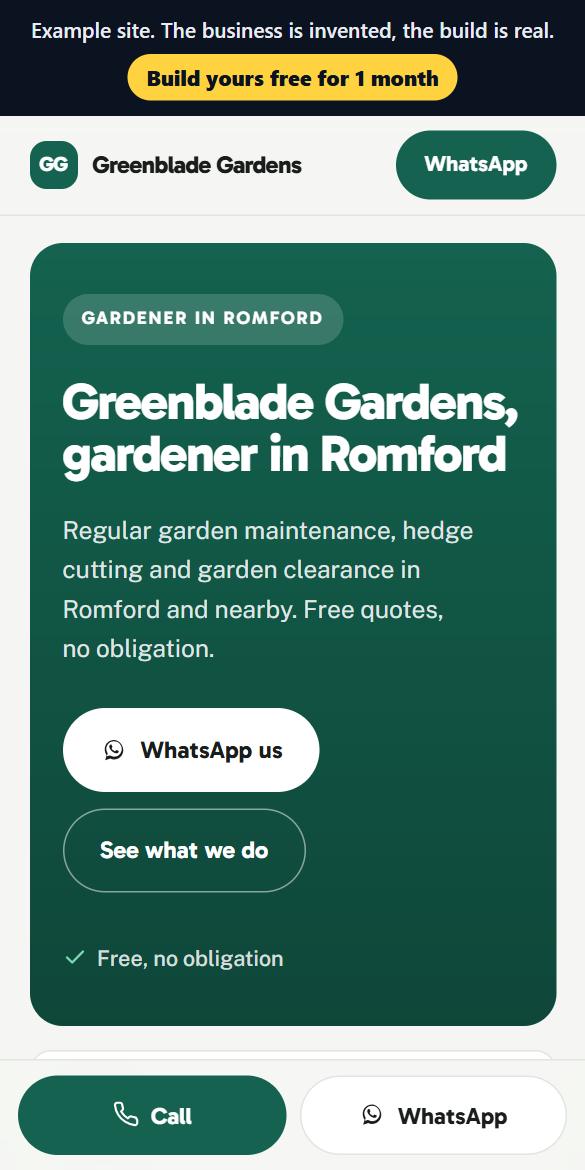 Phone view of an example gardener website: Greenblade Gardens in Romford, with WhatsApp and Call buttons